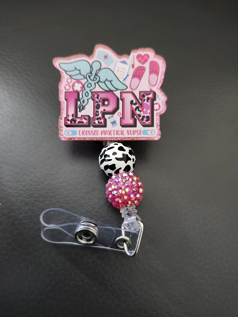 LPN Pink Beaded Badge Reel for Licensed Practical Nurses